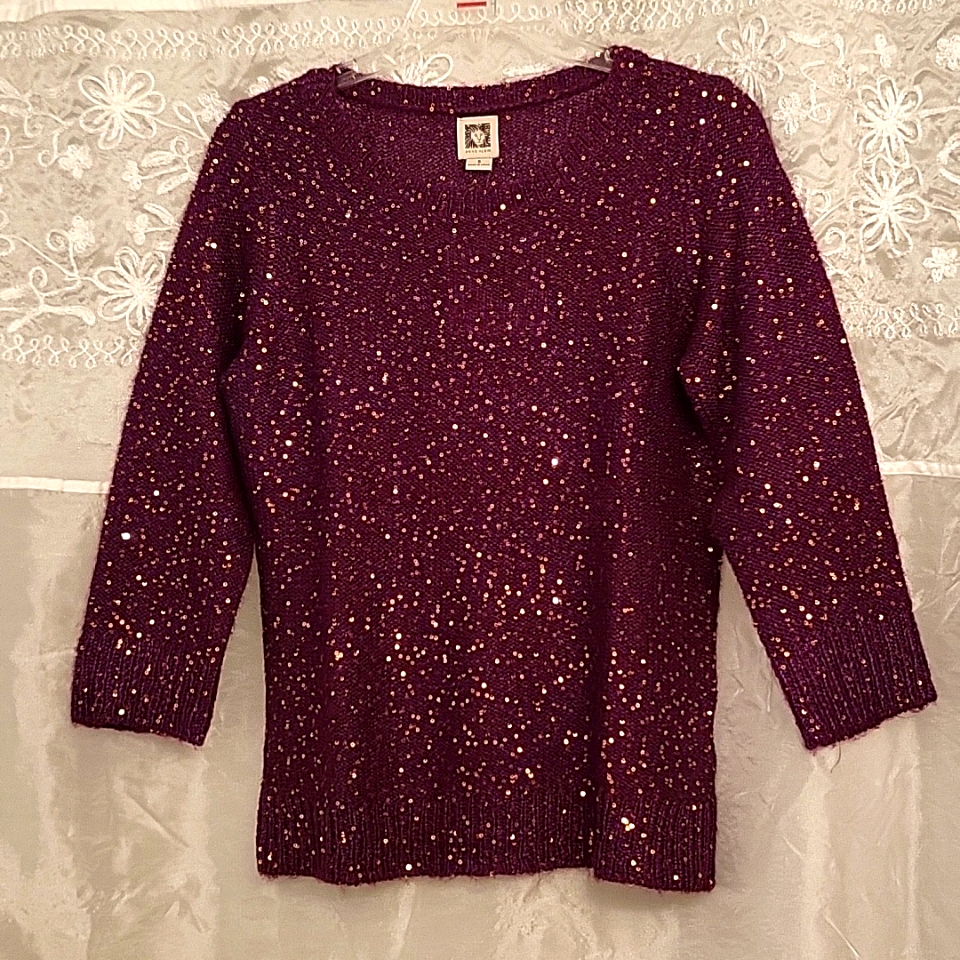 New Anne Klein Purple & Gold Sparkling Sweater, 3/4 Sleeve, S/M
